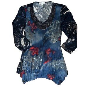 Alberto Makali M Tunic Pleated Beaded Top Micropleats Shirt Crinkle Knit Sweater